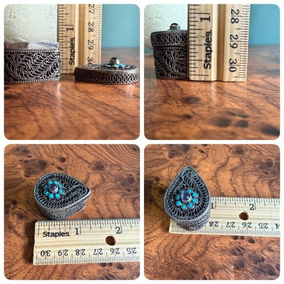 Vintage Silver Filigree Teardrop Trinket Box With Turquoise +  Amethyst - Picture 9 of 10